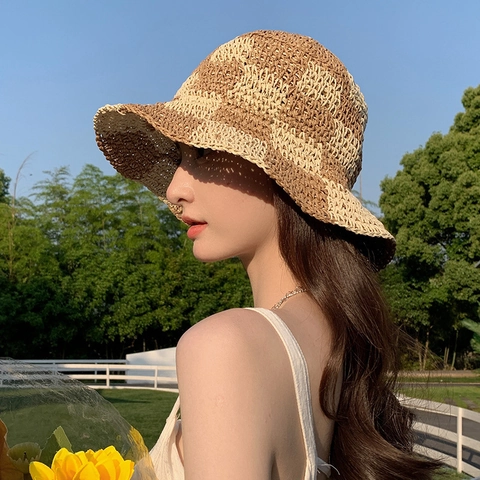 Women Straw Woven Bucket Hat Checkerboard Pattern Wide Brim Sun Protection Summer Beach Japanese Style Breathable