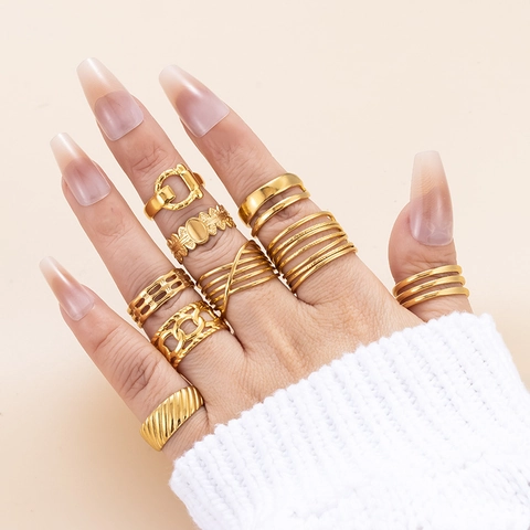 Minimalistischer Vergoldeter Edelstahl Verstellbarer Offener Ring Geometrischer Mehrlagiger Hohlketten Modeschmuck Damen