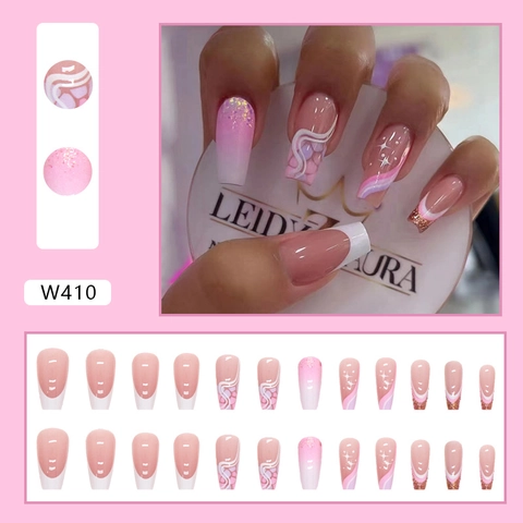 Coffin Press On Nagels Gradiënt Roze Wit French Tip Glitter Glanzend Sterrenpatroon Hart Kunstmatige Valse Nagels