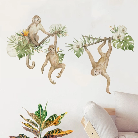 Autocollants Muraux Singe Aquarelle Plantes Tropicales PVC Auto-Adhésif Décalcomanies Amovibles Décoration Maison Salon