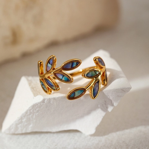 Anello Regolabile Foglia Acciaio Inossidabile Placcato Oro Con Intarsio Iridescente Gioielli Eleganti Retrò Per Donna