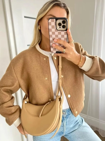 Women Short Contrast Ribbed Bomber Jacket Streetwear Polyester Moto Style Outerwear With Metal Buttons