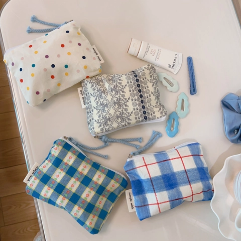 Mini Cotton Fabric Coin Purse Zipper Portable Floral Plaid Polka Dot Small Makeup Storage Bag Women
