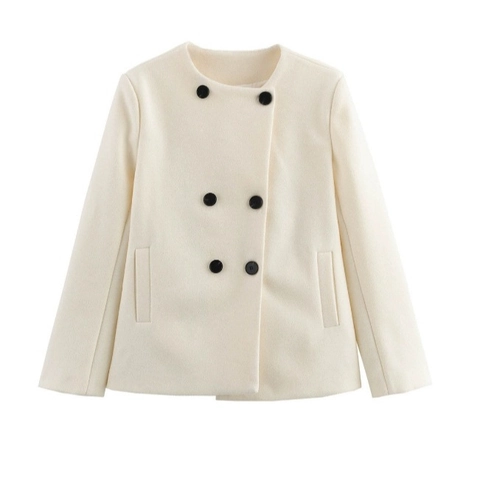 Women Double Breasted Woolen Coat Round Neck Solid Color Long Sleeve Casual Elegant French Style Jacket Outerwear