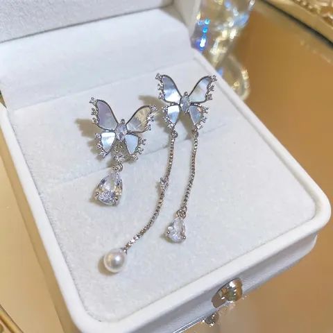 Butterfly Asymmetric Tassel Earrings With Zircon Mother Of Artificial Pearl Artificial Pearl And 925 Sterling Silver Earring Post