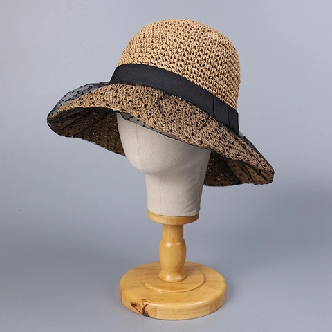 Damen Strohhut Sonnenhut Papier Netz Polka Dot Faltbar Strand Französisch Elegant Schleife Band Breite Krempe Sommer
