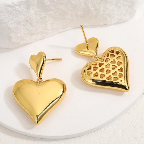 Elegant Double Heart Dangle Earrings 18K Gold Plated Copper With Pave Zircon Minimalist Mirror Polish Jewelry For Women