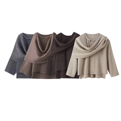 Women Knit Short Jacket Elegant Scarf Collar Shawl Long Sleeve Open Front Solid Color Casual Chic Fall Winter Outerwear