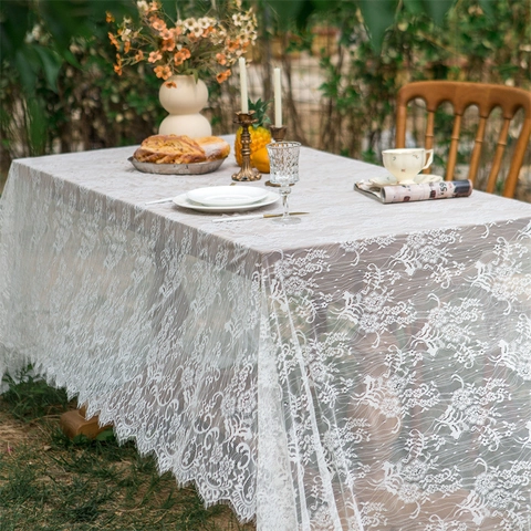 French Vintage White Lace Tablecloth Rectangular Floral Hollow Out Table Cover For Kitchen Dining Outdoor Picnic Decor