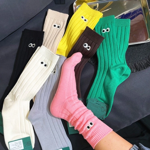 Calcetines De Mezcla De Algodón Bordado Ojos Grandes Textura Acanalada Color Caramelo Divertidos Novedad Estilo Coreano