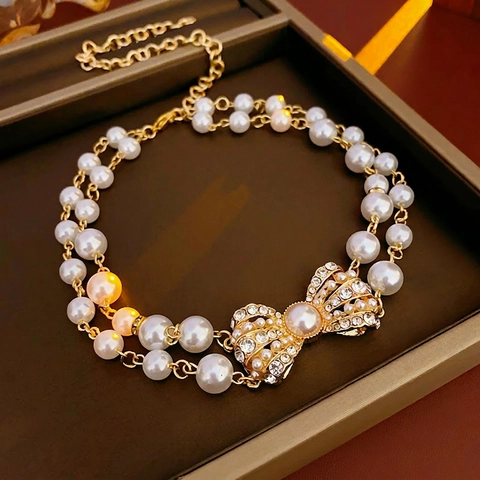 Vintage Kupfer Legierung Halskette Mit Strass Schleife Herz Und Künstliche Perlenimitat Luxus Palast Stil Schmuck Für Damen