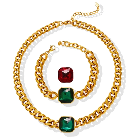Gewaagde Cubaanse Schakel Sieraden Titaniumstaal 18k Verguld Grote Vierkante Kristallen Ketting En Armband