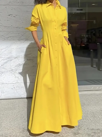Vestido Largo Tipo Camisa Amarillo Elegante De Manga Larga Con Botones Cintura Alta Color Sólido Casual Para Mujer