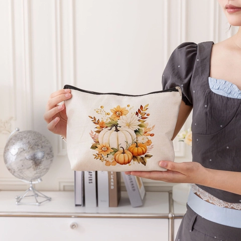 Thanksgiving Pumpkin Linen Makeup Bag Sunflower Autumn Theme Canvas Zipper Toiletry Pouch For Women Travel Storage Bag Pencil Case