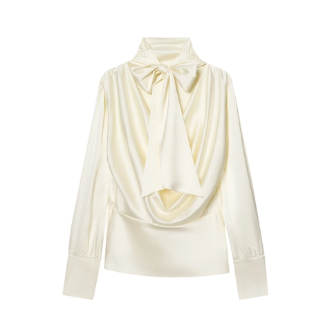 Elegante Blusa De Satén Para Mujer Con Lazo En El Cuello Alto Espalda Descubierta Manga Larga Color Sólido Top Crema Chic