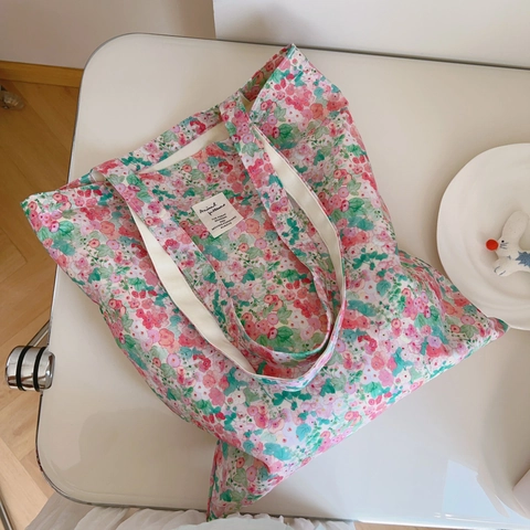 Sac À Bandoulière Floral Rose En Coton Toile Cabas Sac À Main Frais Douce Impression Pastorale Quotidien