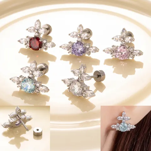 Cross Saturn Cubic Zirconia Ear Stud Titanium Steel Jewelry With Stainless Steel Earring Post Flat Back Screw Piercing