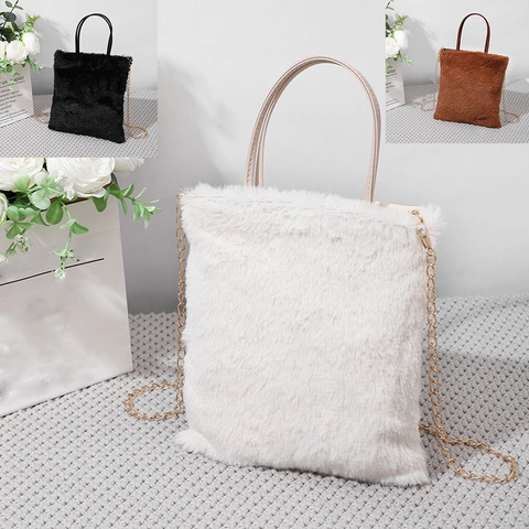Women Faux Fur Crossbody Bag Plush Handbag With Metal Chain Korean Chic Autumn Winter Versatile Small Shoulder Bag