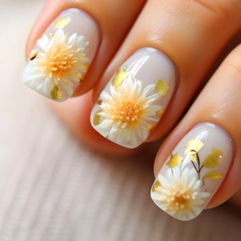 Short Square Press On Nails White Daisy Flower Pattern Gold Foil Accents Artificial False Nail Tips For Women Manicure