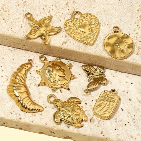 Stainless Steel Charms For Jewelry Making 18K Gold Plated DIY Pendants Vintage Heart Butterfly Palm Tree Starfish Sea Turtle Design Tarnish Resistant For Necklaces Bracelets