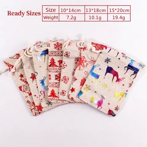 Christmas Drawstring Gift Bags Burlap Cotton Reindeer Snowflake Gold Stamping Holiday Party Candy Jewelry Wrapping