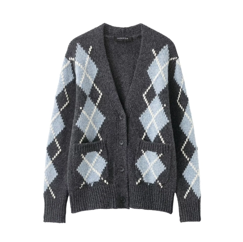 Cardigan In Maglia Argyle Donna Stile Accademia Retrò Scollo A V Bottoni Maglione Maniche Lunghe Con Tasche Poliestere Spandex