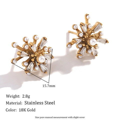 Stainless Steel Firework Star Shape Stud Earrings With Artificial Pearl And Rhinestone For Women Elegant Fashion Vintage Jewelry Gift