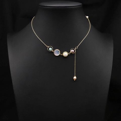 Natural Freshwater Pearl Necklace Asymmetric Crystal Jade Shell Pendant Gold Plated Copper Beaded Necklace For Women