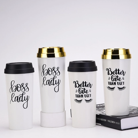 Double Layer Plastic Coffee Cup With Metallic Lid Portable Insulated Travel Tumbler Letter Print For Lady