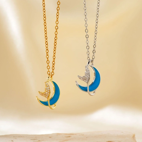 Collana con Pendente a Luna Blu in Acciaio Inossidabile Rame Strass Smalto per Donna Gatto Coda di Balena Collana Animale Gioielli