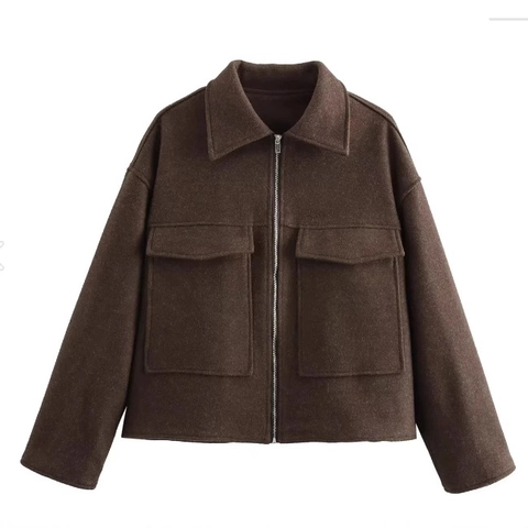 Chaqueta Corta De Lana Para Mujer Color Sólido Cremallera Solapa Bolsillo Grande Manga Larga Otoño Invierno