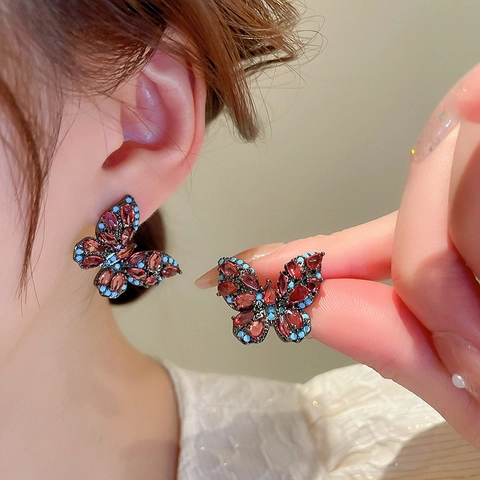 Vintage Butterfly Stud Earrings Zircon Rhinestone French Style Elegant Accessory Women With 925 Sterling Silver Earring Post