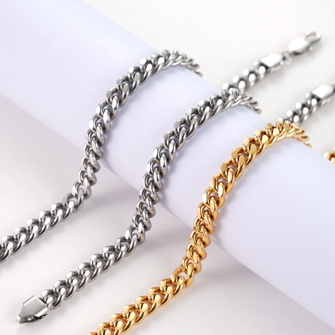 Bracelet Maille Gourmette Minimaliste en Acier Inoxydable pour Hommes Femmes Hip Hop Bracelet Chaîne Géométrique Poli Or Argent Noir Bijoux