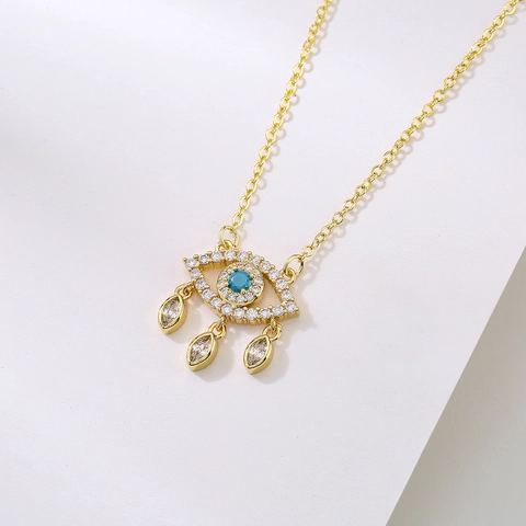 Collana Pendente Malocchio Rame Placcato Oro 18K Zircone Blu Lacrima Gioielli Raffinati Eleganti Da Donna