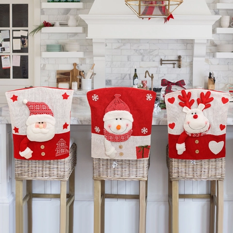 Christmas Chair Back Covers Knitted 3D Santa Snowman Reindeer Cartoon Decor For Kitchen Dining Room Festive Party Atmosphere