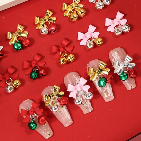Dijes De Uñas Navidad 3D Aleación Metal Lazo Con Campana Pequeña Colgantes Colores Decoración De Uñas DIY