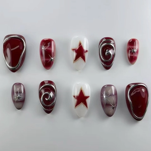 Press On Nails Rosso Vino Bianco Motivo Stelle Linee Metalliche Tridimensionali Stile Y2K Unghie Finte Per Donne