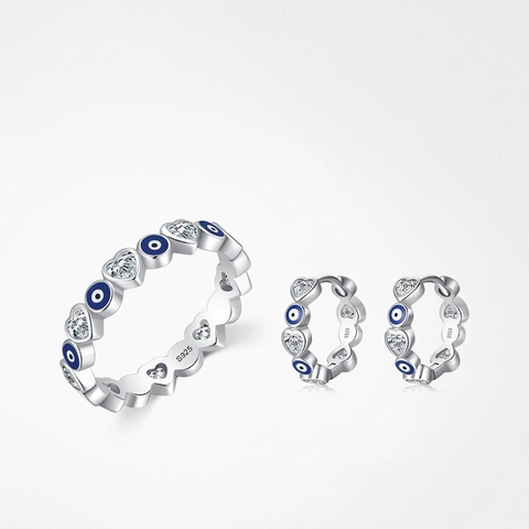 Joyas De Plata 925 Mujeres Corazón Circón Esmalte Azul Evil Eye Anillo Y Pendientes De Aro Moda Estilo Bohemio