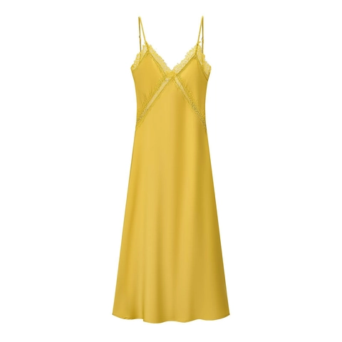 Women Satin Cami Midi Dress Lace Trim V Neck Spaghetti Strap Satin Like Slim Fit Elegant Slip Dress