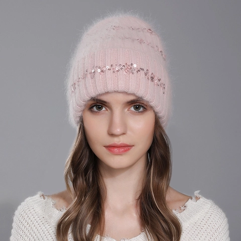 Women Knitted Beanie Hat Sequin Rabbit Fur Blend Winter Warm Soft Thick Pullover Cap Solid Color Fashionable Outdoor