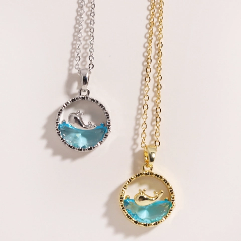 Collana Con Ciondolo A Coda Di Balena Rame Cristallo Blu Zirconia Cavo Circolare Oceano Onda Gioielli Per Donna Elegante