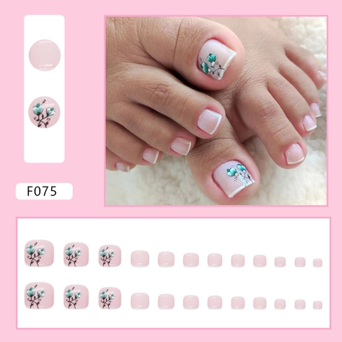 Künstliche Zehennägel Französischer Stil Rosa Weiße Spitzen Blumenmuster Strass Dekor Falsche Zehennägel Sommer Frisch Süß