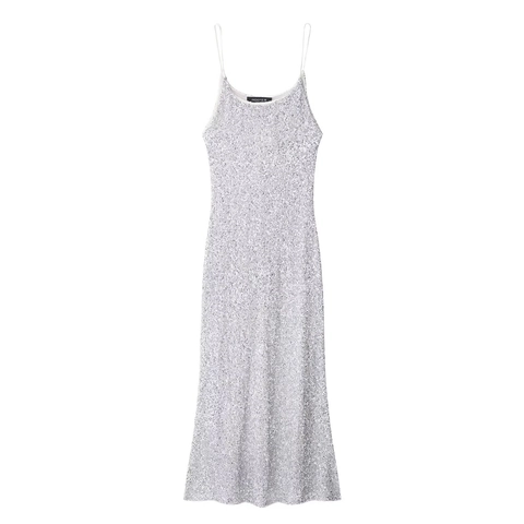Elegant Silver Sequin Spaghetti Strap Dress Sexy Backless Evening Party Maxi Gown Celebrity Style For Women