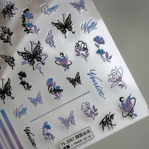 Autocollants D'art Ongles Gaufrés 3D Papillon Et Fleur PET Auto-adhésif Design Nom De Ville Pour Décoration Manucure