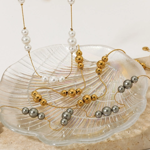 Collar De Acero Inoxidable Con Perlas Artificiales Chapado En Oro Plata Cuentas De Metal Cadena Moderna Para Mujeres