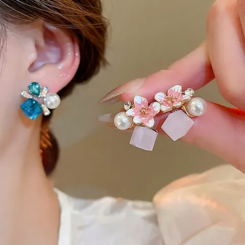 Orecchini Perla Artificial Fiore Cristallo Geometrico Blu Con Perno In Argento Sterling 925 Lega Strass Gioielli Moda Donna