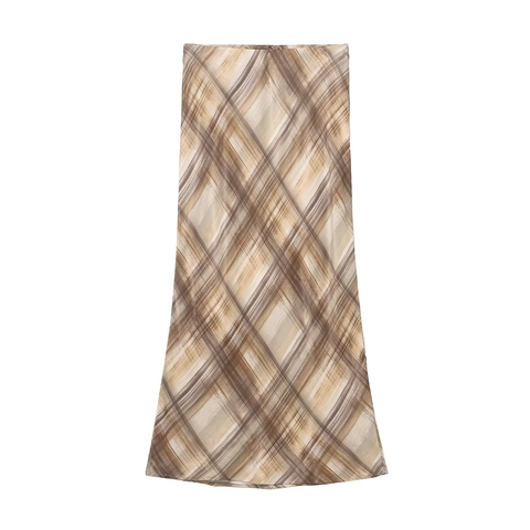 Plaid Midi Skirt Satin Texture A-Line High Waisted Printed Grid Pattern Elegant Streetwear Casual Bottoms For Women