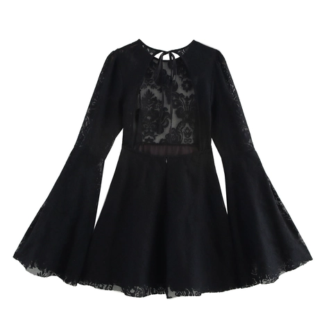 Sexy Schwarzes Spitzen Minikleid Mit Trompetenärmeln Rückenfrei Hollow Out Bindegürtel Elegant Party Kurz