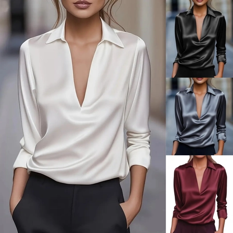 Blusa Elegante de Satén para Mujer Cuello en V Manga Larga Camisa Oficina Minimalista Color Sólido Top