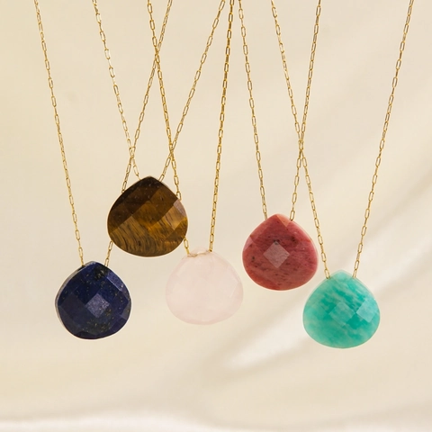 Natural Gemstone Water Drop Pendant Necklace Stainless Steel Faceted Stone Minimalist Elegant Jewelry For Women